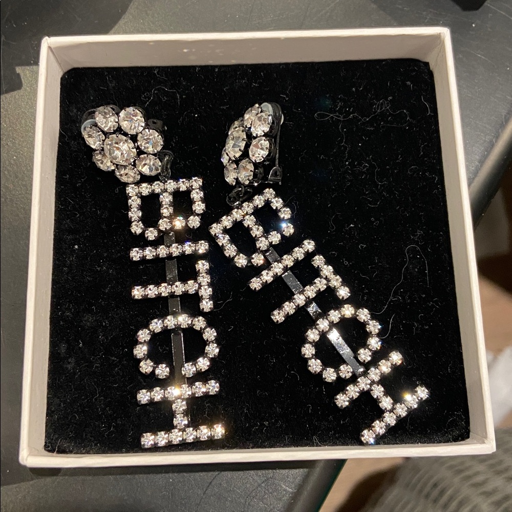 Ashley Williams LETTERS clip dangle drop earrings clear crystals and black clips